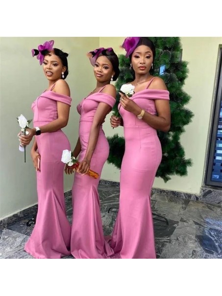 Long Mermaid Off the Shoulder Pink Bridesmaid Dresses 902395