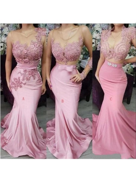 Long Pink Lace Mermaid Bridesmaid Dresses 902410