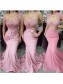 Long Pink Lace Mermaid Bridesmaid Dresses 902410