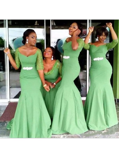 Long Green Mermaid Floor Length Bridesmaid Dresses with Sleeves 902415 Long Green Mermaid Floor Length Bridesmaid Dresses with Sleeves 902415
