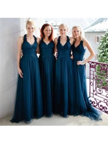 Long Navy Blue V Neck Tulle Bridesmaid Dresses 902418