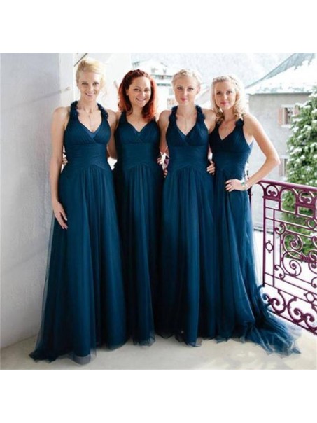 Long Navy Blue V Neck Tulle Bridesmaid Dresses 902418