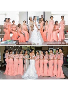 Long Pink Mermaid Lace Bridesmaid Dresses with Sleeves 902421