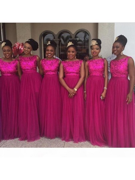 Long Fuchsia Tulle and Sequin Bridesmaid Dresses 902431