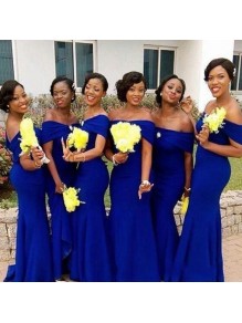 Long Royal Blue Mermaid Off the Shoulder Bridesmaid Dresses 902436