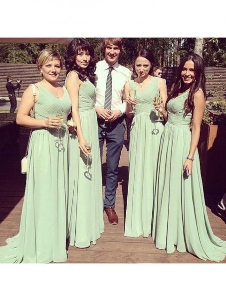 Long Chiffon V Neck Floor Length Bridesmaid Dresses 902450