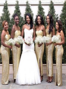 Long Gold Sequin Sweetheart Bridesmaid Dresses 902455