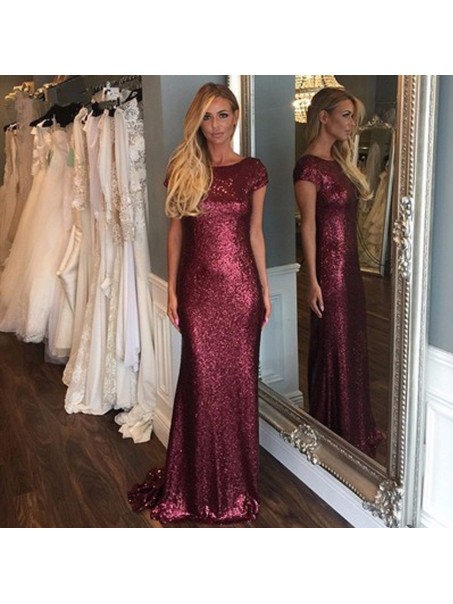 Long Grape Purple Sequin Bridesmaid Dresses with Cap Sleeves 902463