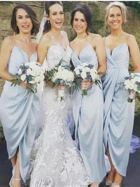 Simple Tea Length Spaghetti Straps Bridesmaid Dresses 902467