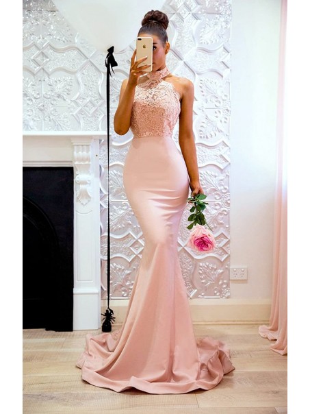 Long Pink Mermaid Lace Bridesmaid Dresses 902473