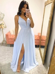 Long Blue Chiffon Floor Length Bridesmaid Dresses 902474