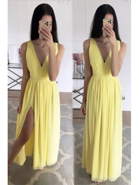 Long Yellow Chiffon V Neck Floor Length Bridesmaid Dresses 902480 Long Yellow Chiffon V Neck Floor Length Bridesmaid Dresses 902480