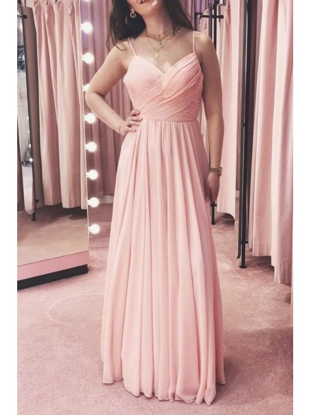 Long Pink Chiffon Spaghetti Straps Bridesmaid Dresses 902481