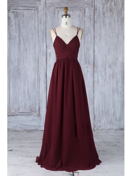 Long Grape Purple Chiffon Lace Spaghetti Straps Bridesmaid Dresses 902482