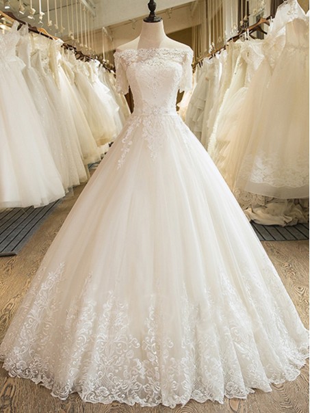 A-Line Off the Shoulder Lace Wedding Dresses Bridal Gowns with Short Sleeves 903040 A-Line Off the Shoulder Lace Wedding Dresses Bridal Gowns with Short Sleeves 903040