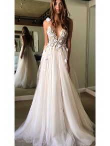 A-Line Beaded Tulle Wedding Dresses Bridal Gowns 903049