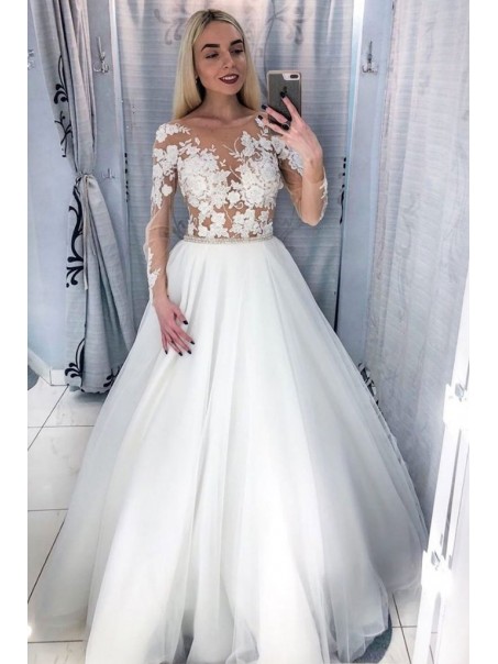 A-Line Lace and Tulle Wedding Dresses Bridal Gowns with Long Sleeves 903055