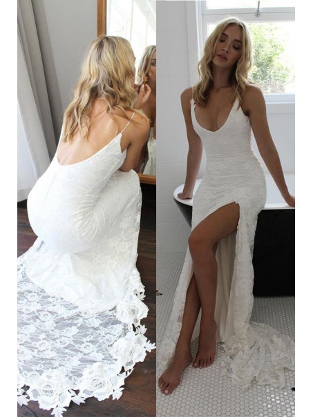 Spaghetti Straps V Neck Lace Wedding Dresses Bridal Gowns 903056