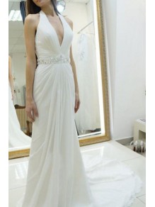 Long Halter Beaded V Neck Chiffon Wedding Dresses Bridal Gowns 903059