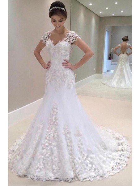 A-Line V Neck Lace Long Wedding Dresses Bridal Gowns 903066