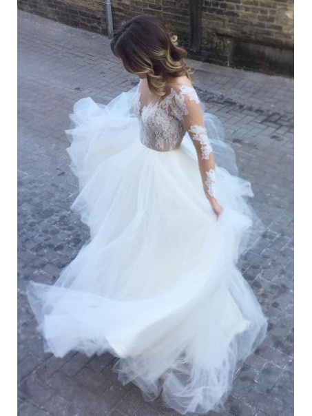 A-Line Lace and Tulle Long Wedding Dresses Bridal Gowns 903079