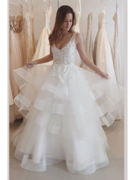 A-Line Lace and Tulle V Neck Wedding Dresses Bridal Gowns 903093