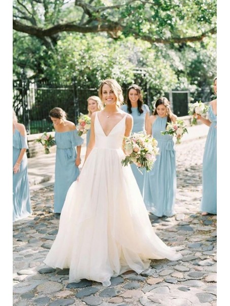 A-Line Long White V Neck Wedding Dresses Bridal Gowns 903108