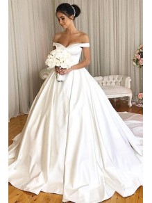 A-Line Off the Shoulder Satin Wedding Dresses Bridal Gowns 903113