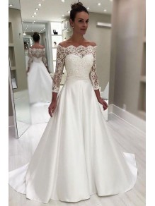 A-Line Lace Off the Shoulder Wedding Dresses Bridal Gowns with Long Sleeves 903114