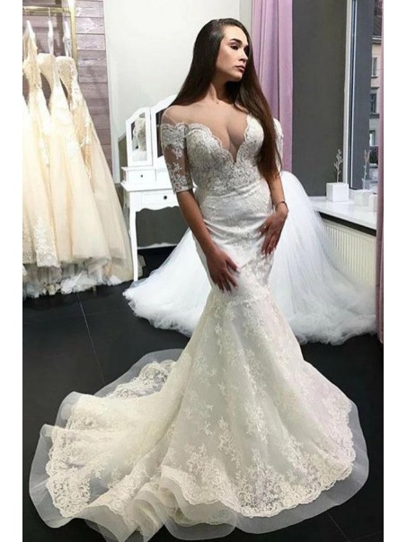 Mermaid Lace Short Sleeves Wedding Dresses Bridal Gowns 903120