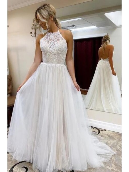 A-Line Halter Lace and Tulle Wedding Dresses Bridal Gowns 903123