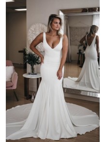 Long White Mermaid V Neck Wedding Dresses Bridal Gowns 903127