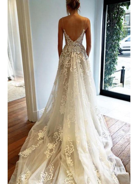 A-Line Spaghetti Straps Lace Wedding Dresses Bridal Gowns 903133