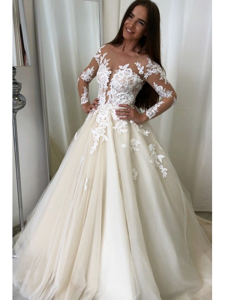 A-Line Long Sleeves Lace Wedding Dresses Bridal Gowns 903151