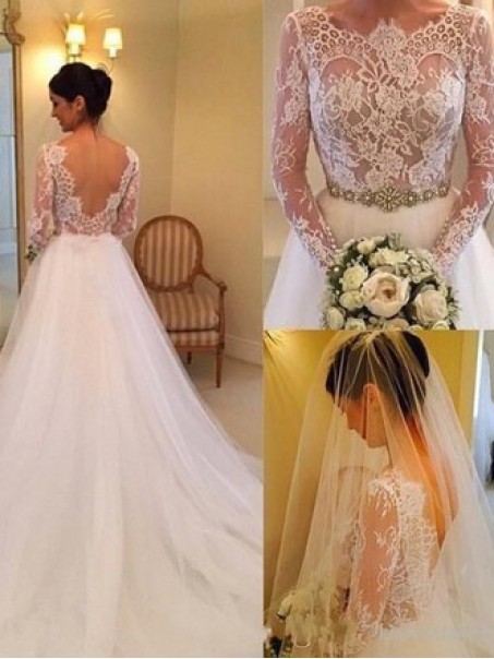 A-Line Lace and Tulle Wedding Dresses Bridal Gowns 903155