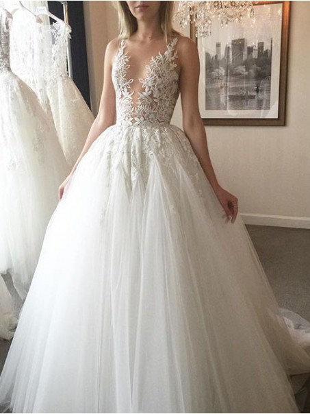 A-Line Lace and Tulle Wedding Dresses Bridal Gowns 903156