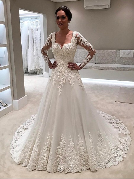 A-Line Long Sleeves Lace Wedding Dresses Bridal Gowns 903160