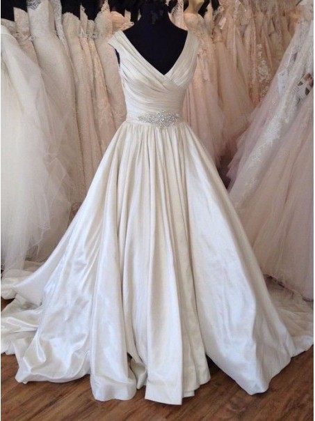 A-Line Long Satin V Neck Wedding Dresses Bridal Gowns 903162