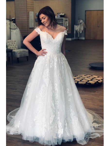 A-Line Lace and Tulle Off the Shoulder Wedding Dresses Bridal Gowns 903168 A-Line Lace and Tulle Off the Shoulder Wedding Dresses Bridal Gowns 903168