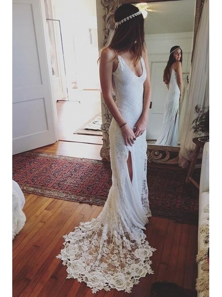 Sheath Lace Long Wedding Dresses Bridal Gowns 903173