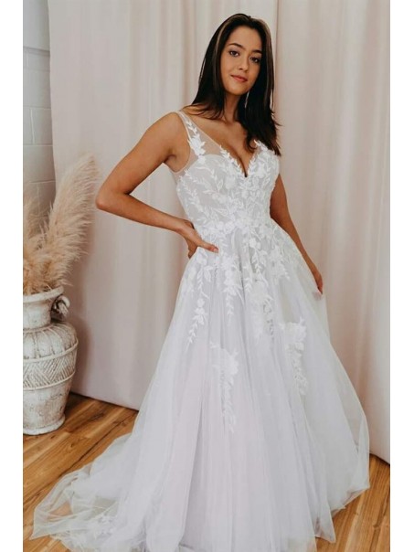 A-Line Lace and Tulle V Neck Wedding Dresses Bridal Gowns 903174 A-Line Lace and Tulle V Neck Wedding Dresses Bridal Gowns 903174