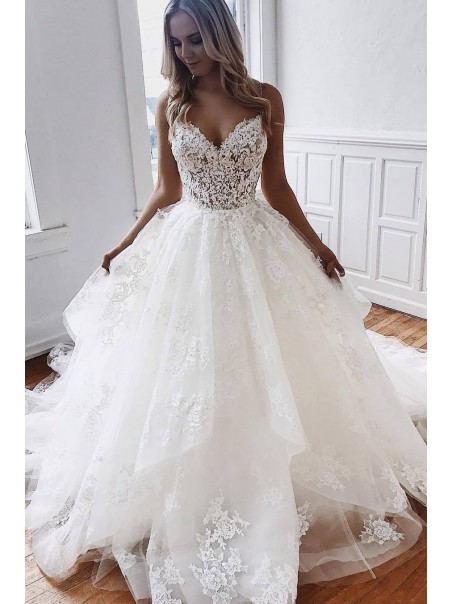A-Line Lace V Neck Wedding Dresses Bridal Gowns 903181