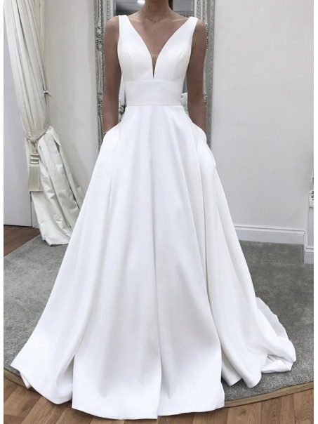 A-Line Long Satin V Neck Wedding Dresses Bridal Gowns 903195 A-Line Long Satin V Neck Wedding Dresses Bridal Gowns 903195