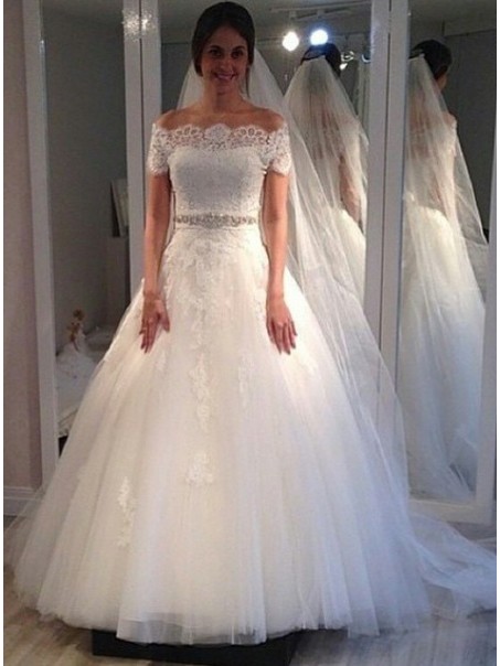 A-Line Beaded Lace Off the Shoulder Wedding Dresses Bridal Gowns 903212