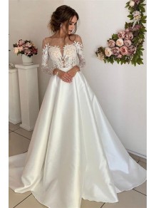 A-Line Lace and Satin Long Sleeves Wedding Dresses Bridal Gowns 903231
