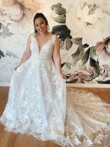 A-Line Lace Long Wedding Dresses Bridal Gowns 903233