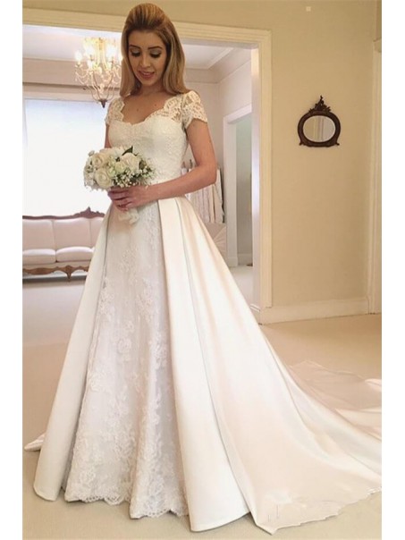 A-Line Lace Wedding Dresses Bridal Gowns with Short Sleeves 903257
