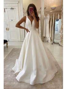 A-Line V Neck Long Satin Wedding Dresses Bridal Gowns 903263 A-Line V Neck Long Satin Wedding Dresses Bridal Gowns 903263