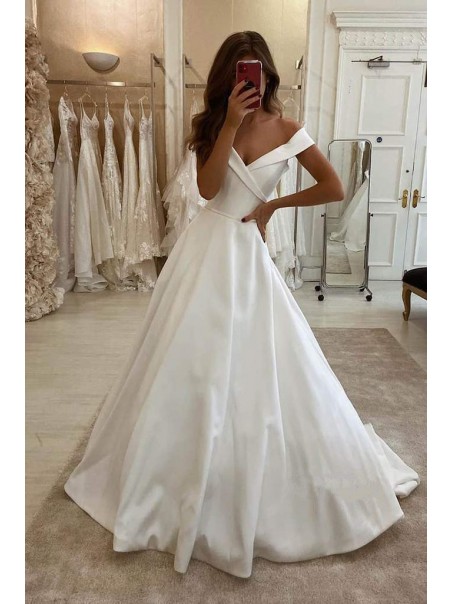 A-Line Long Satin Off the Shoulder Wedding Dresses Bridal Gowns 903265