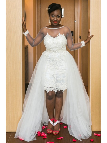 High Low Lace and Tulle Wedding Dresses Bridal Gowns with Long Sleeves 903272